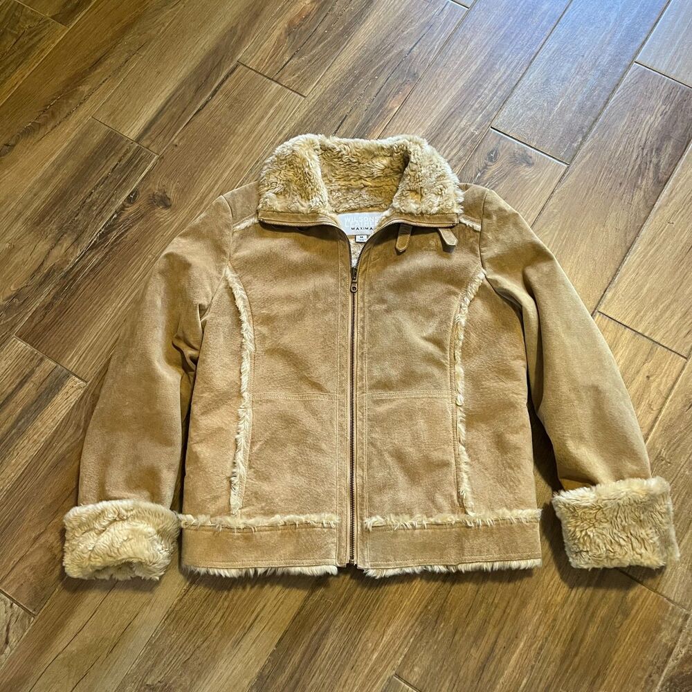Wilson's Women's Coat Suede Leather Maxima Sherpa Lining Tan Medium EUC